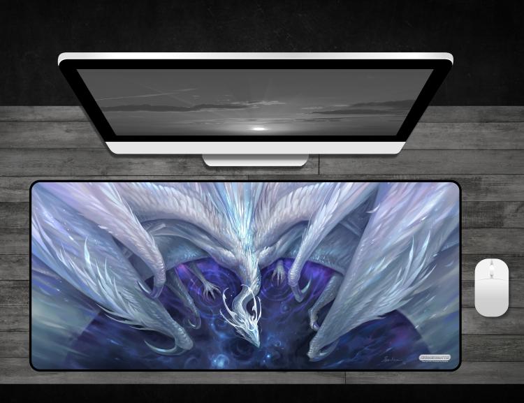 White Crystal Dragon - Deskmat Premium Black Stitched - 32" x 14" x 1/8"